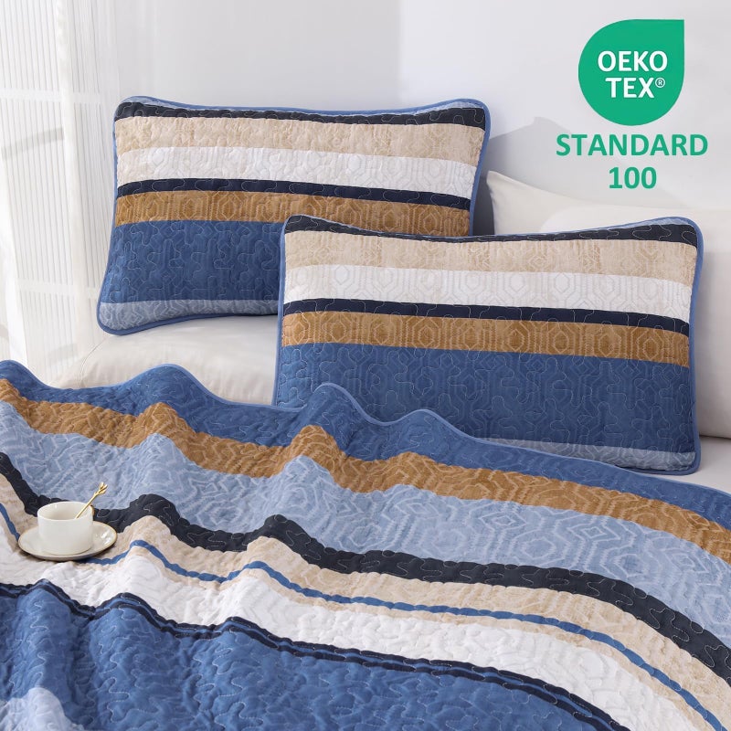 Dobuyly Blue Queen Quilt Set, Boho Bedspread Queen Size, Striped Bedding Sets 3 Pieces, Lightweight Soft Coverlet Bed Sets with 2 Pillow Shams 96"x90" - Image 3