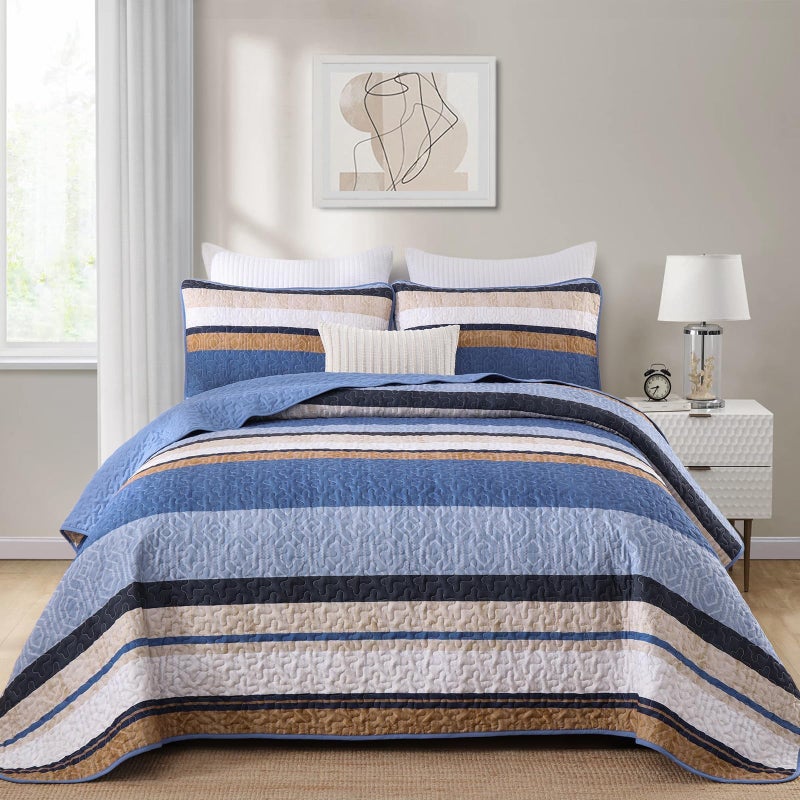 Dobuyly Blue Queen Quilt Set, Boho Bedspread Queen Size, Striped Bedding Sets 3 Pieces, Lightweight Soft Coverlet Bed Sets with 2 Pillow Shams 96"x90" - Image 2