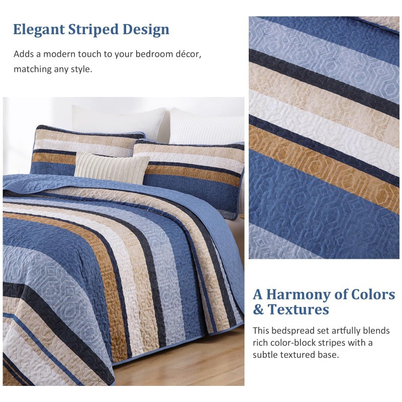 Dobuyly Blue Queen Quilt Set, Boho Bedspread Queen Size, Striped Bedding Sets 3 Pieces, Lightweight Soft Coverlet Bed Sets with 2 Pillow Shams 96"x90" - Image 5