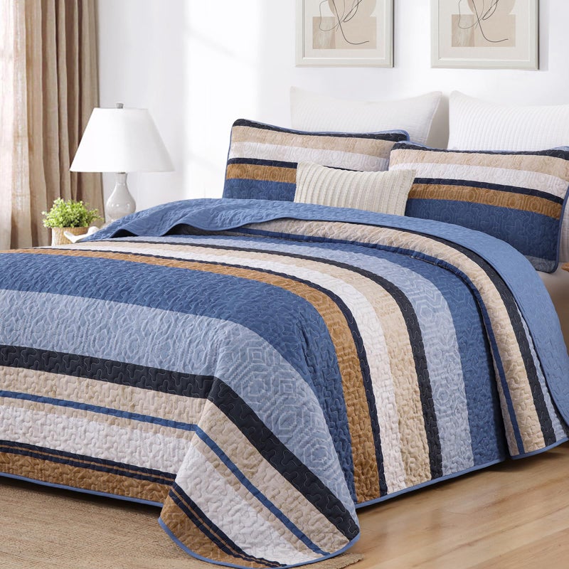 Dobuyly Blue Queen Quilt Set, Boho Bedspread Queen Size, Striped Bedding Sets 3 Pieces, Lightweight Soft Coverlet Bed Sets with 2 Pillow Shams 96"x90" - Image 1