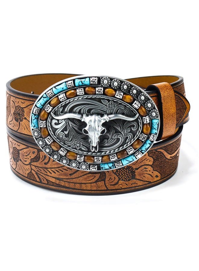 FGSS Western-Cowboy-Leather-Belts for Women Turquoise-Oval-Buckle Embossed Cowgirl Belt for Jeans Pants Fit for 27"-41", Brown, Fit for 37-41" waist - Image 1