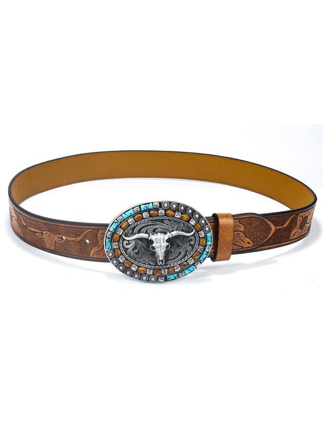 FGSS Western-Cowboy-Leather-Belts for Women Turquoise-Oval-Buckle Embossed Cowgirl Belt for Jeans Pants Fit for 27"-41", Brown, Fit for 37-41" waist - Image 5