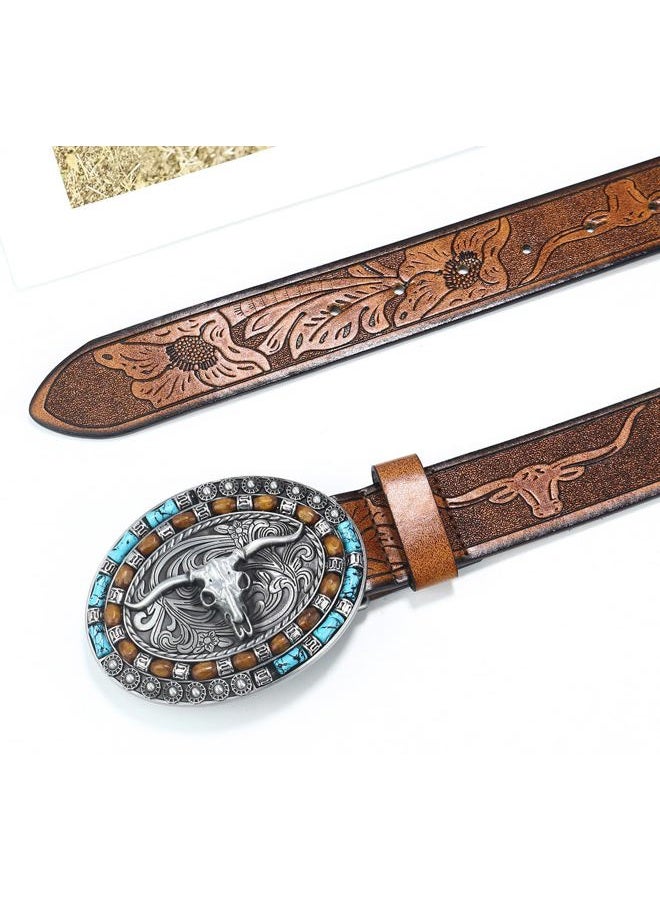 FGSS Western-Cowboy-Leather-Belts for Women Turquoise-Oval-Buckle Embossed Cowgirl Belt for Jeans Pants Fit for 27"-41", Brown, Fit for 37-41" waist - Image 2