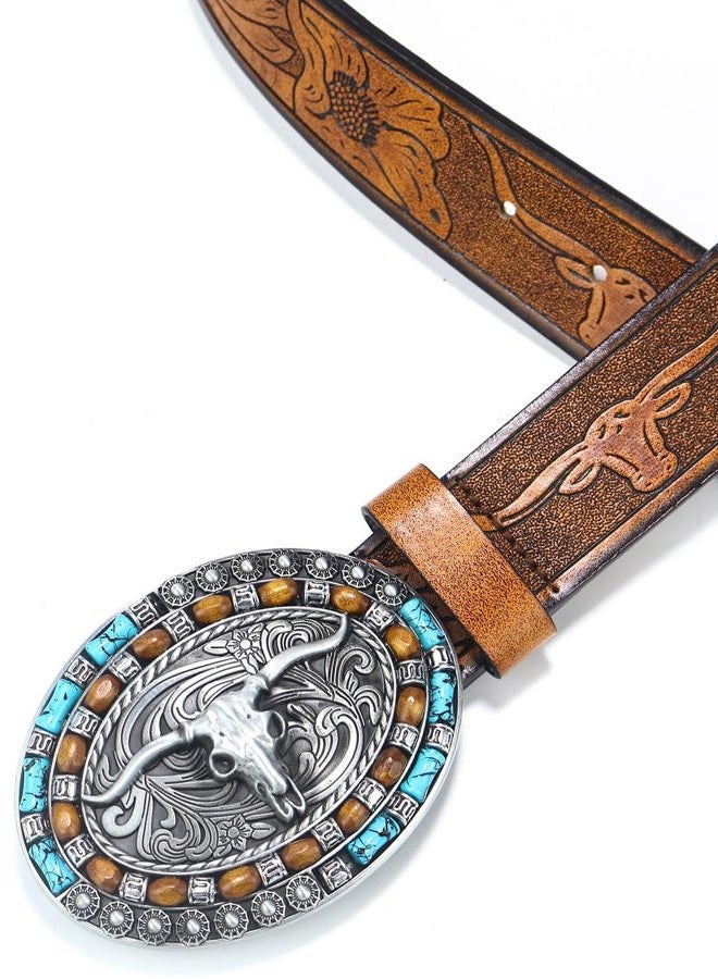 FGSS Western-Cowboy-Leather-Belts for Women Turquoise-Oval-Buckle Embossed Cowgirl Belt for Jeans Pants Fit for 27"-41", Brown, Fit for 37-41" waist - Image 4