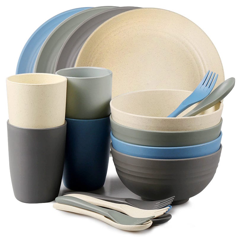 Shopwithgreen Wheat Straw Dinnerware Sets for 4 20 PCS Unbreakable Plates and Bowls Sets Reusable Dinner Dishes Set Bowls Cups Plates for Camping Kitchen RV Dorm Dishwasher Microwave Safe