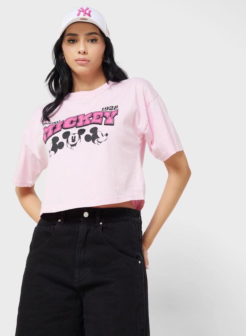 Disney Mickey Cropped Garment Dye Front & Back Print T-Shirt - Image 1
