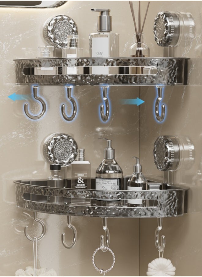 MLADEN Wall Mounted Bathroom Corner Shower Caddy with 4 Hooks,Suction Cup Style Bathroom Organizer, Adhesive Plastic No Drilling Rustproof Shower Shelf Organiser, Floating Shelves Rack for Kitchen, Toilet & Bathroom Storage  - Image 5