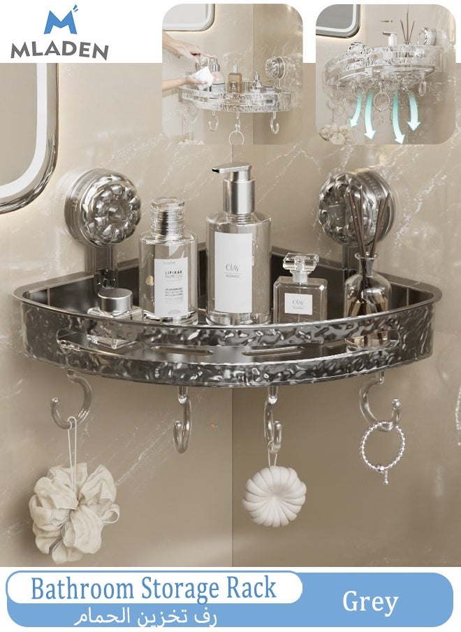 MLADEN Wall Mounted Bathroom Corner Shower Caddy with 4 Hooks,Suction Cup Style Bathroom Organizer, Adhesive Plastic No Drilling Rustproof Shower Shelf Organiser, Floating Shelves Rack for Kitchen, Toilet & Bathroom Storage  - Image 1
