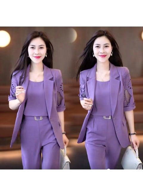 2024 Summer New Mens Five-sleeve Suit Lightweight High-end Design Sensibility Hollow Out Slimming Fashionable Elegant Fuchsia