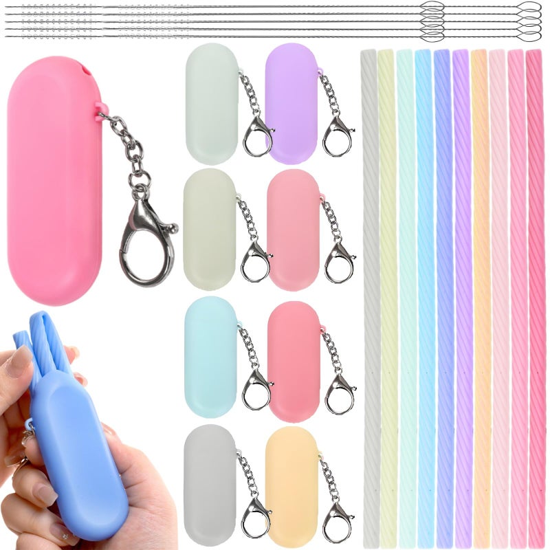 Acshio Set of 10 Silicone Straws with Case, Reusable Collapsible Straws Travel Straws with Cleaning Brushes, Portable Foldable Drinking Straw for School, Office, Party, Picnic, 10 Color - Image 1