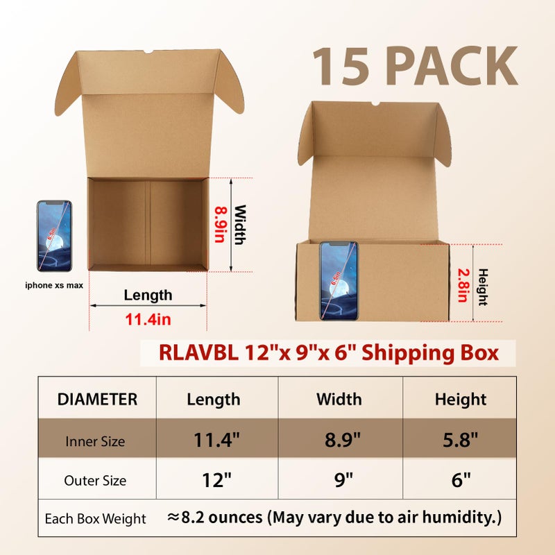 RLAVBL 12x9x6 Shipping Boxes Set of 15, Brown Corrugated Cardboard Mailer Box for Packing, Mailing, Business - Image 2