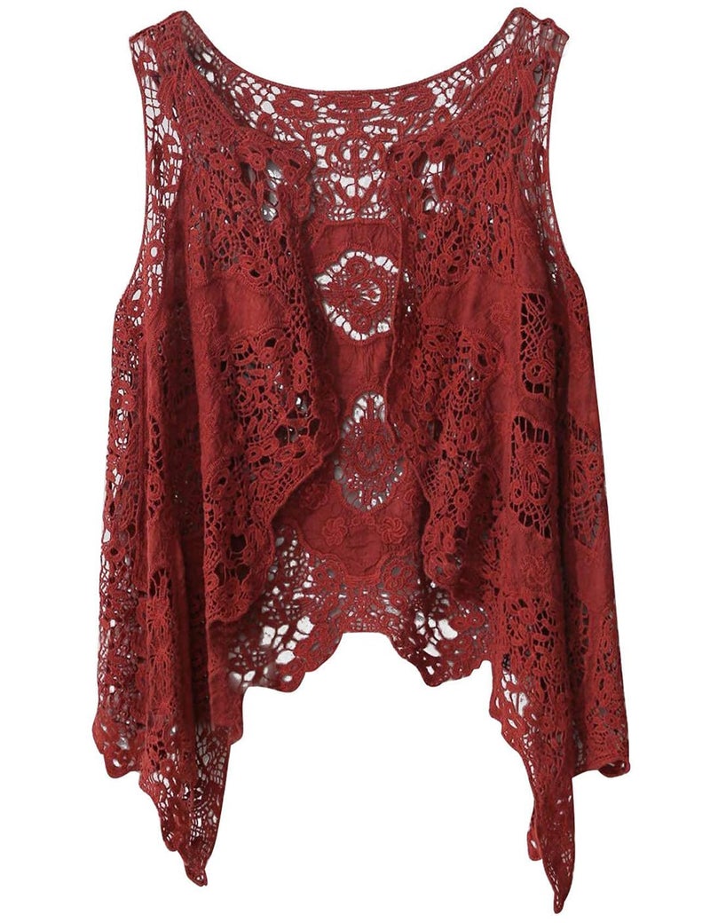 Flygo Women's Open Front Cotton Crochet Lace Boho Hippie Butterfly Vest Cardigan Coverup Sleeveless Irregular Hem(One Size, Wine red) - Image 1