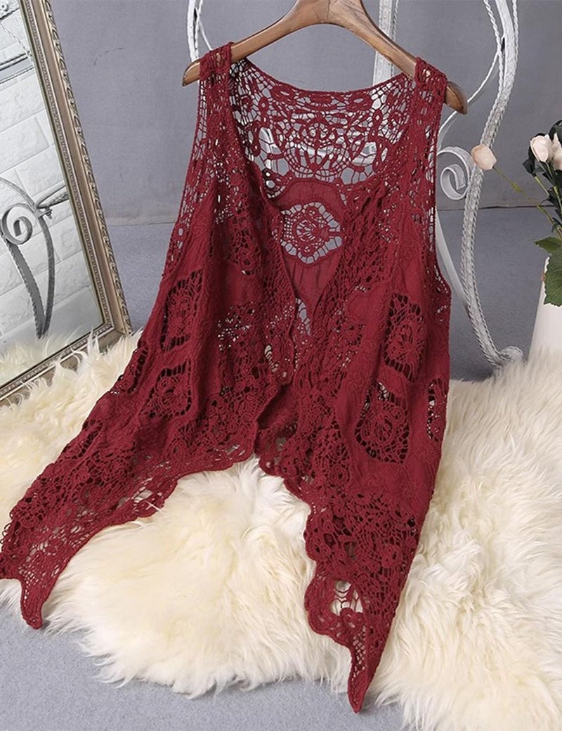 Flygo Women's Open Front Cotton Crochet Lace Boho Hippie Butterfly Vest Cardigan Coverup Sleeveless Irregular Hem(One Size, Wine red) - Image 2