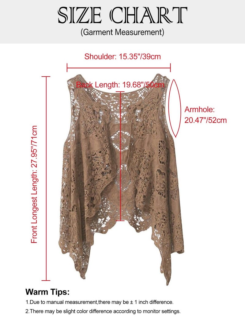 Flygo Women's Open Front Cotton Crochet Lace Boho Hippie Butterfly Vest Cardigan Coverup Sleeveless Irregular Hem(One Size, Wine red) - Image 3