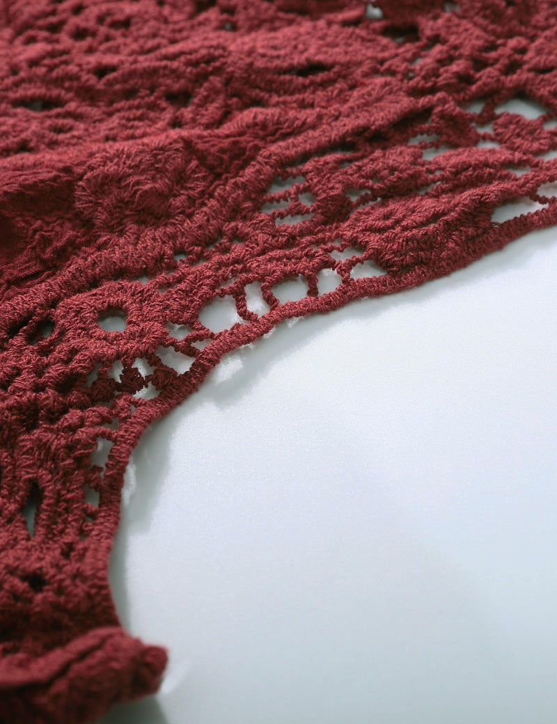 Flygo Women's Open Front Cotton Crochet Lace Boho Hippie Butterfly Vest Cardigan Coverup Sleeveless Irregular Hem(One Size, Wine red) - Image 5