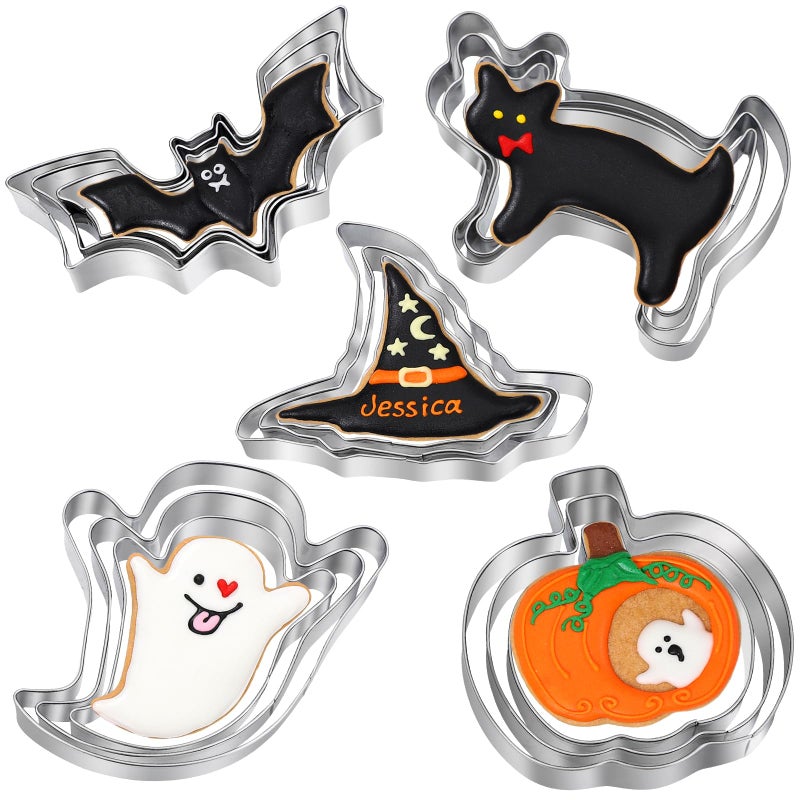 KULENAND Halloween Cookie Cutters Set - 15 Pcs Stainless Steel Holiday Cookie Cutter with 5 Shapes - Pumpkin, Ghost, Bat, Cat and Witch's Hat Cookie Molds for Halloween Food Party Decorations - Image 1