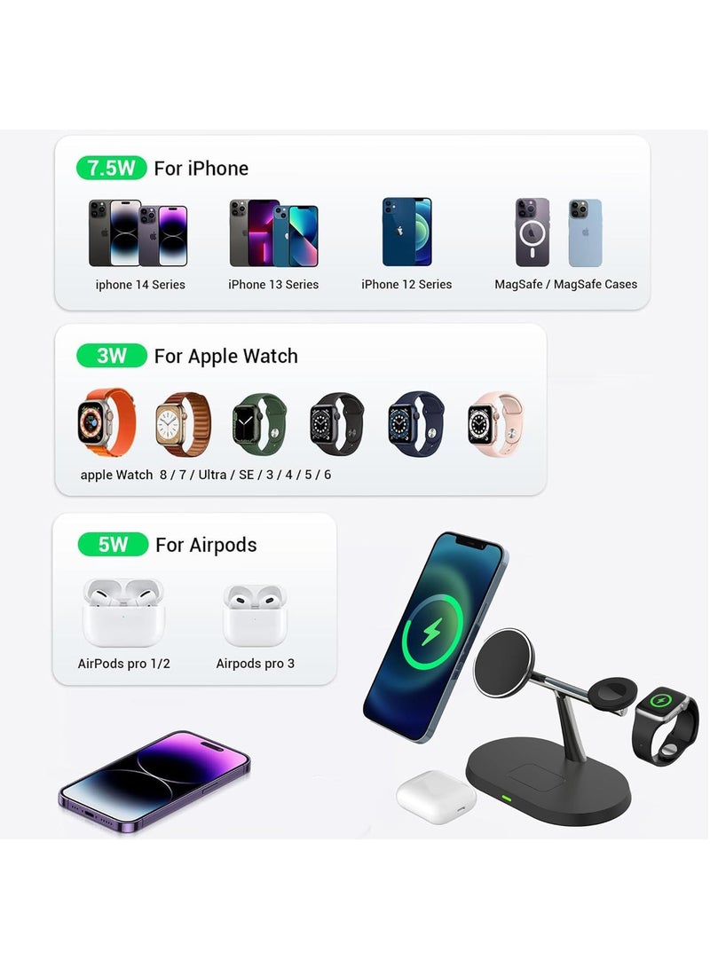 Hihonor Magnetic Wireless Charging Station, 3 in 1 Wireless Charger for Phone 15W Charger Holder Support for Phone 15 14 13 12 Pro Max, Watch 9/8/7/6/SE/5/4/3, Earbuds 3/2/Pro, Black - Image 4