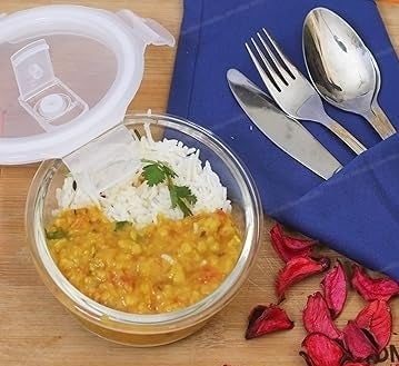 IndusBay Pack of 2 Round Borosilicate Glass Food Storage Oven Safe Container Set with Air Vent Airtight Lid Microwave Safe Bowl Glass Reheating Bowl Tiffin 375 ML Clear - Image 2