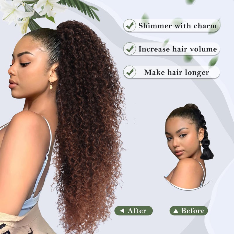 Alebery 27 Inch Drawstring Ponytail Extension for Black Women Deep Curly Ponytail Extension Synthetic Mixed with Human Hair Hairpieces Afro Kinky Curly Pony Tail for Daily Use (Brown) - Image 2