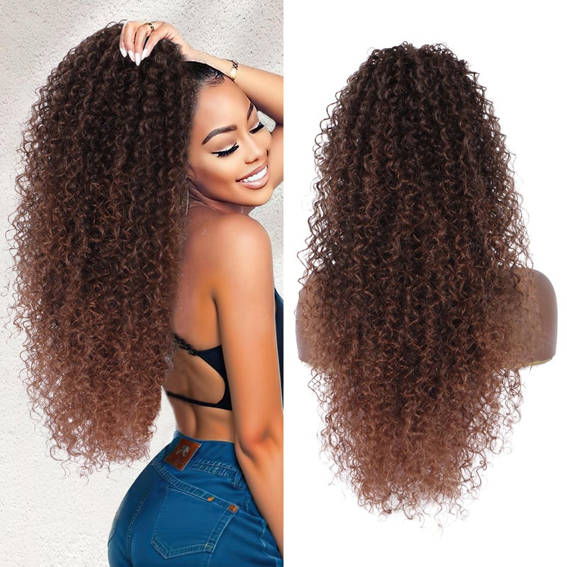 Alebery 27 Inch Drawstring Ponytail Extension for Black Women Deep Curly Ponytail Extension Synthetic Mixed with Human Hair Hairpieces Afro Kinky Curly Pony Tail for Daily Use (Brown) - Image 1