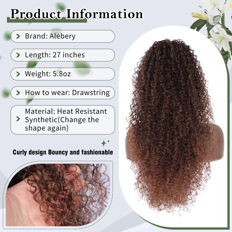 Alebery 27 Inch Drawstring Ponytail Extension for Black Women Deep Curly Ponytail Extension Synthetic Mixed with Human Hair Hairpieces Afro Kinky Curly Pony Tail for Daily Use (Brown) - Image 3