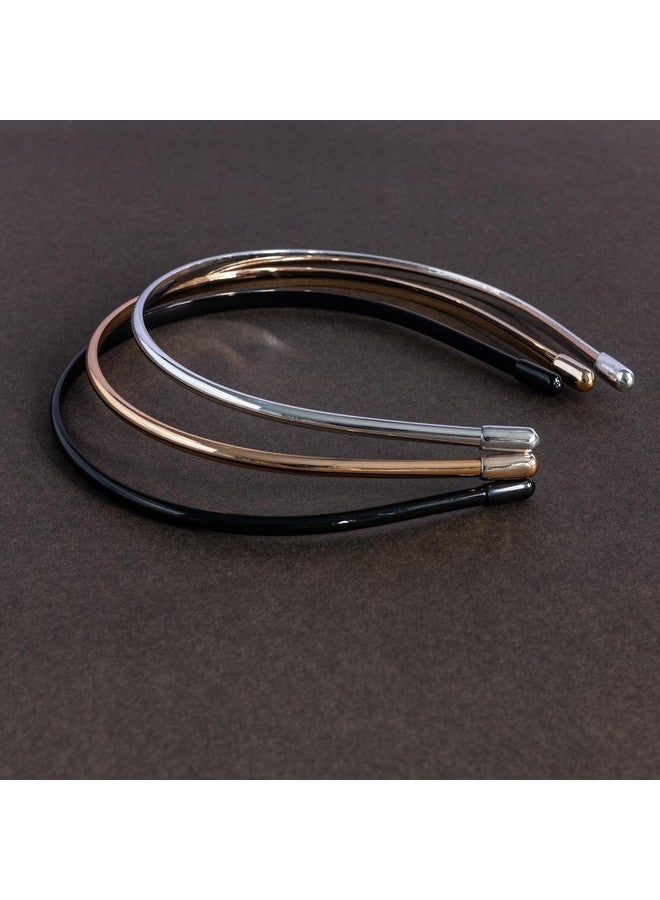 minihope Metallic Color Skinny Headbands for Women and Girls, 3 Pack, Hair Accessories, Black, Silver, Gold - Image 2