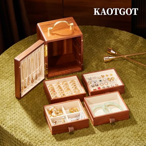 KAOTGOT Wooden Jewelry Box for Women 4 Tier Walnut Wooden Jewelry Box with handle (Butterfly Prints B) - Image 4