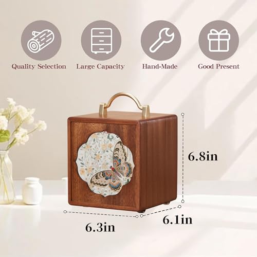 KAOTGOT Wooden Jewelry Box for Women 4 Tier Walnut Wooden Jewelry Box with handle (Butterfly Prints B) - Image 2