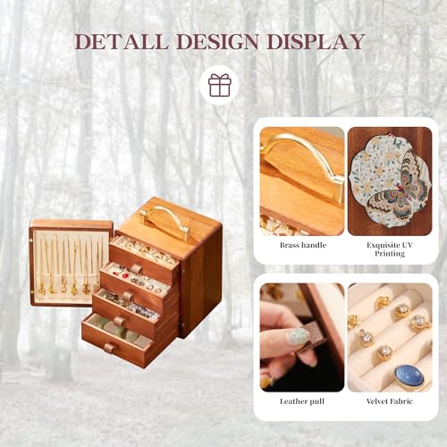 KAOTGOT Wooden Jewelry Box for Women 4 Tier Walnut Wooden Jewelry Box with handle (Butterfly Prints B) - Image 3