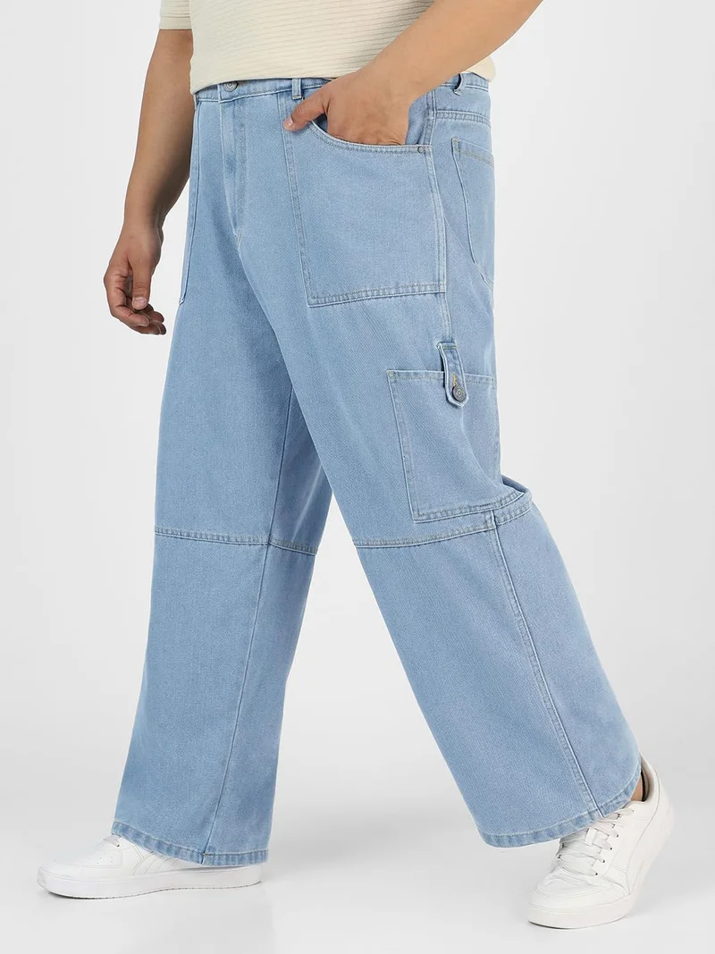 Urbano Fashion  Urbano Plus Men's Ice Blue Loose Baggy Fit Washed Cargo Jeans with 6 Pockets Non-Stretchable  | Best Price UAE