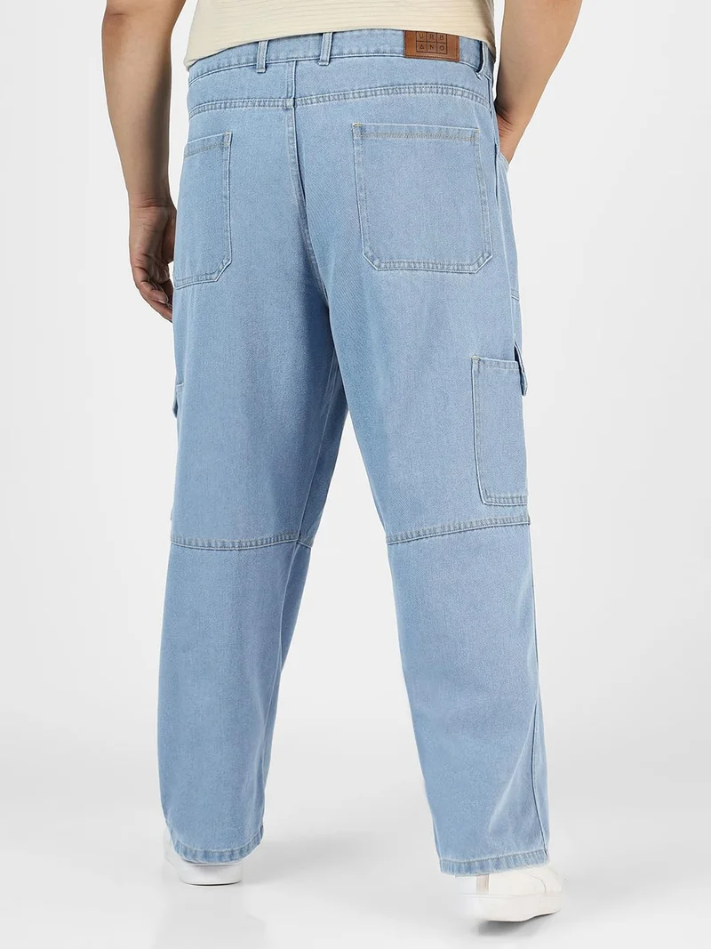 Urbano Fashion  Urbano Plus Men's Ice Blue Loose Baggy Fit Washed Cargo Jeans with 6 Pockets Non-Stretchable  | Best Price UAE