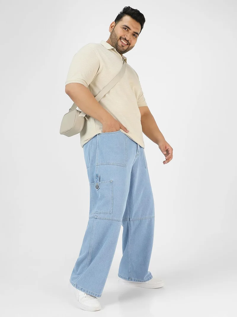Urbano Fashion  Urbano Plus Men's Ice Blue Loose Baggy Fit Washed Cargo Jeans with 6 Pockets Non-Stretchable  | Best Price UAE