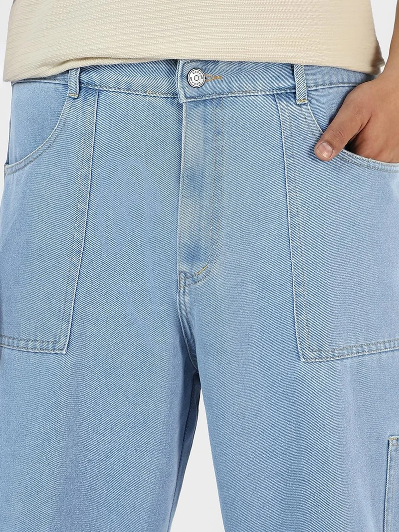 Urbano Fashion  Urbano Plus Men's Ice Blue Loose Baggy Fit Washed Cargo Jeans with 6 Pockets Non-Stretchable  | Best Price UAE