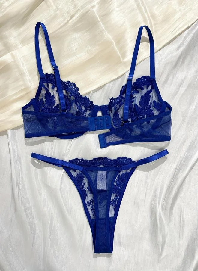 تايك تو Floral Embroidered Mesh Non Padded Wired Bra and Thong Lingerie Set
