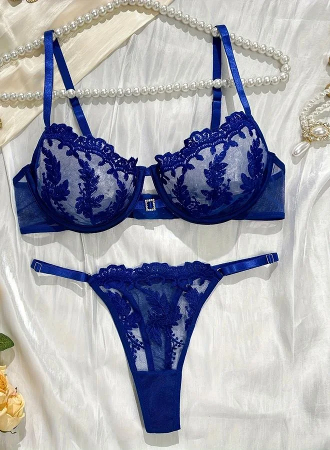 تايك تو Floral Embroidered Mesh Non Padded Wired Bra and Thong Lingerie Set
