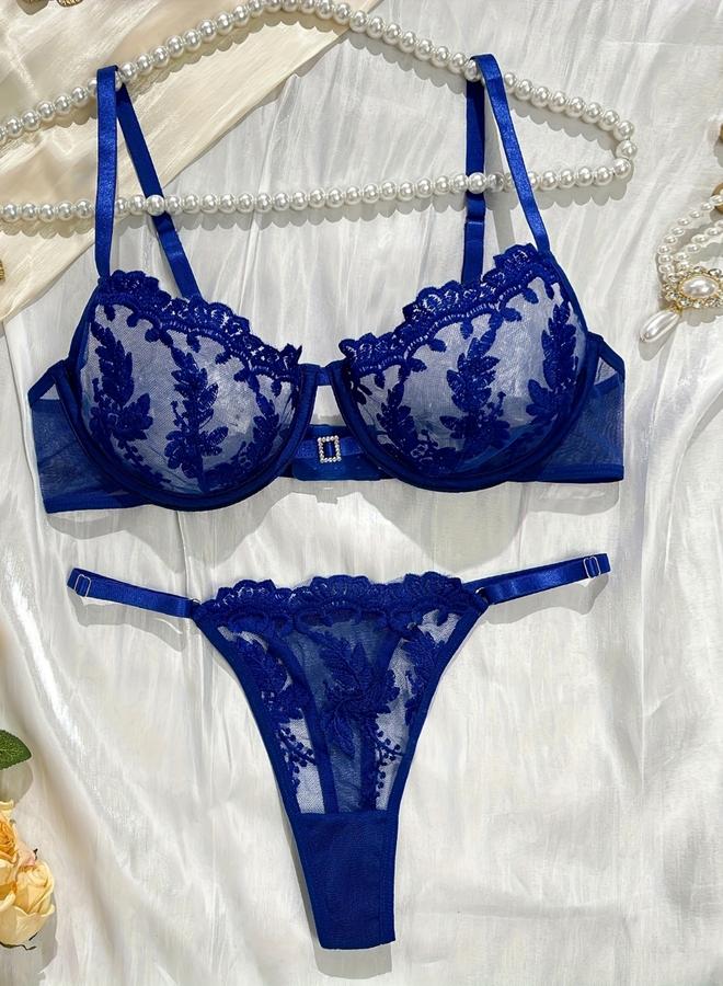 Take Two Floral Embroidered Mesh Non Padded Wired Bra and Thong Lingerie Set - Image 1