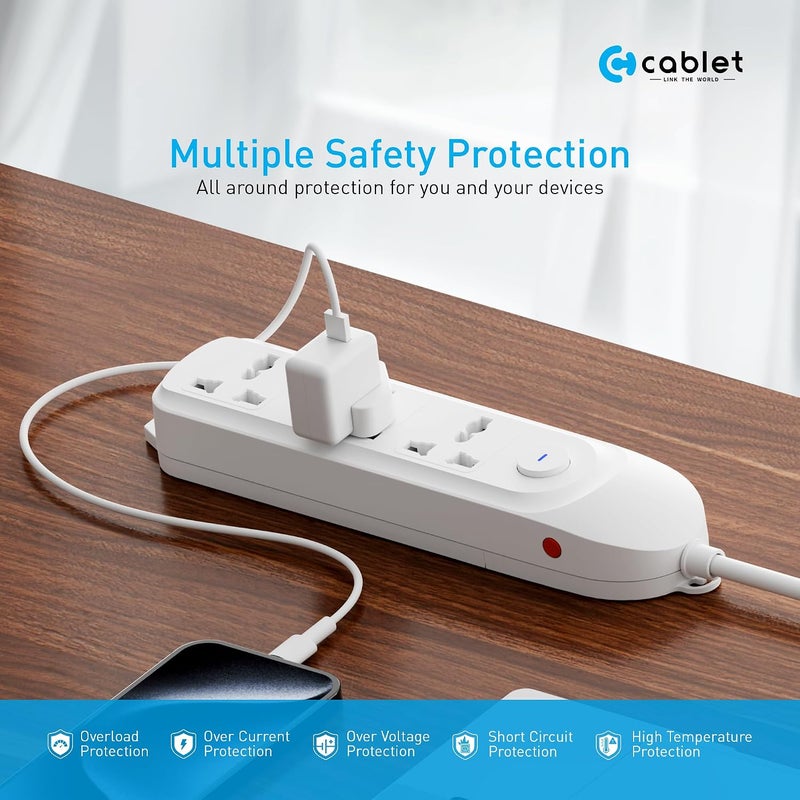 Cablet Extension Board 1500W 6A | 3 Universal Multi Plug Sockets with Surge Protector, Overload Protection, 1.8M Heavy Duty Cord, LED Indicator Master Switch, Spike Guard Power Strip for Home & Office - Image 3