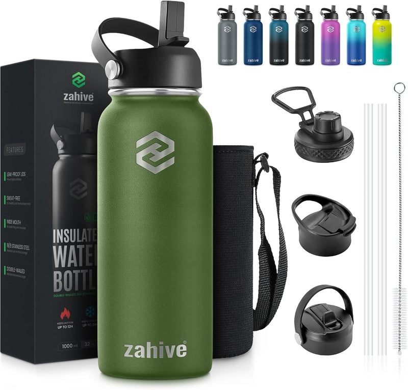 زاهايف زجاجة زاهيف العازلة للحرارة سعة 1 لتر مع 3 أغطية وحقيبة - زجاجة ماء من الفولاذ المقاوم للصدأ مع ماصة - قارورة مزدوجة الجدران سعة 1000 مل للصالة الرياضية والسفر والمشروبات الساخنة والباردة - مانعة للتسرب (1 لتر، أخضر عسكري) - Image 1