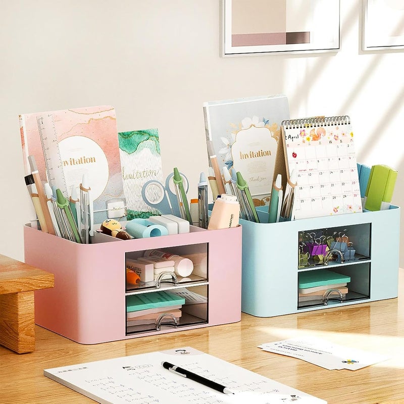 COMFYROOM Desk Organizer with 4 Compartments and 2 Drawers, Pen Holder for Desktop Storage, Makeup Organizer, Desk Organization and Accessories for School, Home, Office Supplies (Pink) - Image 5