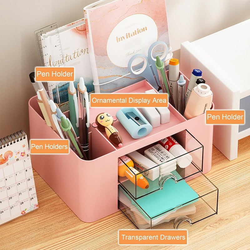 COMFYROOM Desk Organizer with 4 Compartments and 2 Drawers, Pen Holder for Desktop Storage, Makeup Organizer, Desk Organization and Accessories for School, Home, Office Supplies (Pink) - Image 2