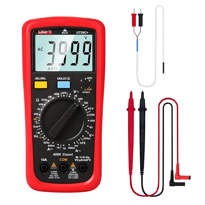 UniT UNIT Digital Multimeter Tester UT39C Ohmmeter 4000 Counts NCV Voltmeter AC DC Voltage Current Amp Transistor hFE Resistance Frequency Diodes Continuity Duty Cycle Capacitance Temperature Backlight - Image 1