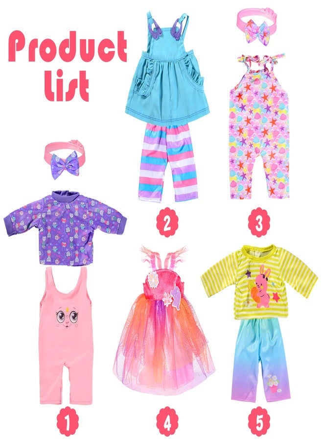 ebuddy 5-Pack Baby Doll Clothes for 15-17 Inch Dolls, Cute Fashion Doll Clothing Set with Matching Headbands, Fits 15" 16" 17" Reborn Baby Dolls, Newborn Baby Dolls, Gift for Kids Girls (Doll Not Included) - Image 2