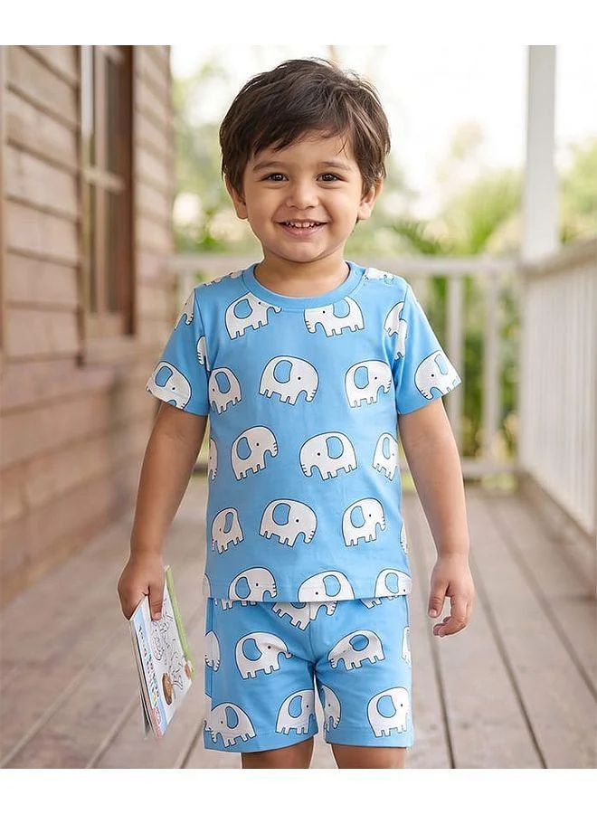Babyhug Babyhug Cotton Knit Half Sleeves Pajama Set with Elephant Print - Light Blue