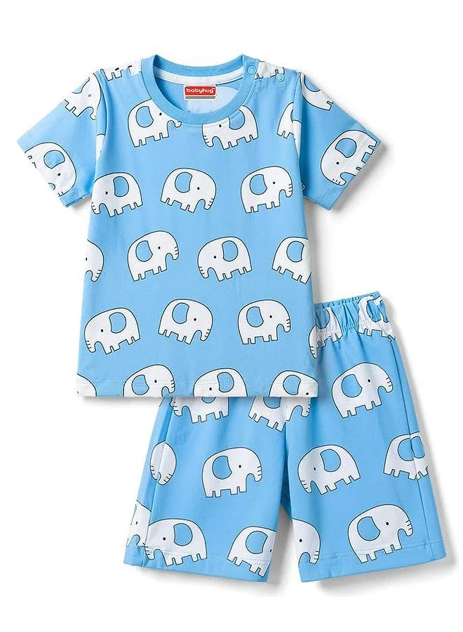 Babyhug Babyhug Cotton Knit Half Sleeves Pajama Set with Elephant Print - Light Blue
