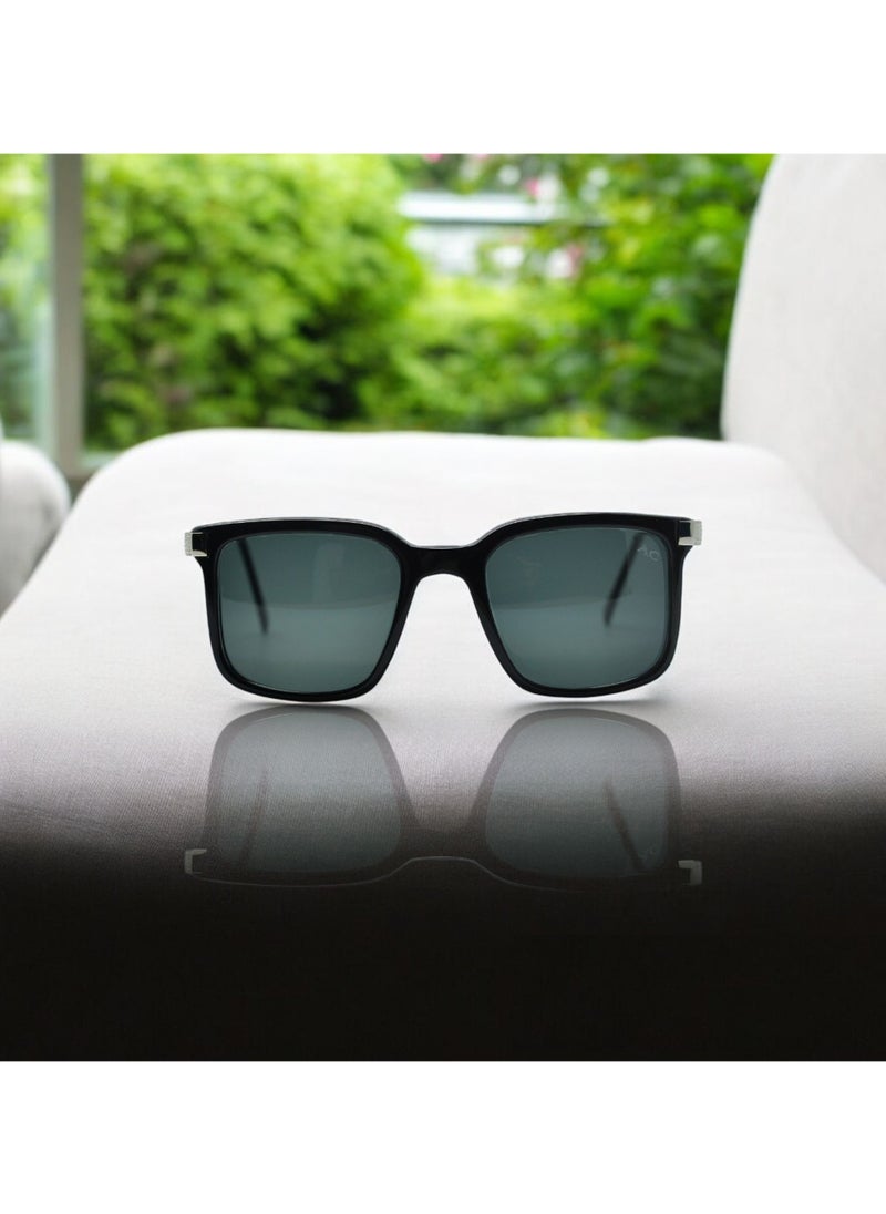 Armando Cavelli - Authentic Armando Cavelli sunglasses, crafted from carefully selected premium acetate for a luxurious look and longevity with extensive use. This model combines modernity and classic style, with a raw black acetate front and silver -plated metal temples to complete your luxury look. Comes with premium polymer lenses offer UV400 protection in a dark green (G15) - Image 1