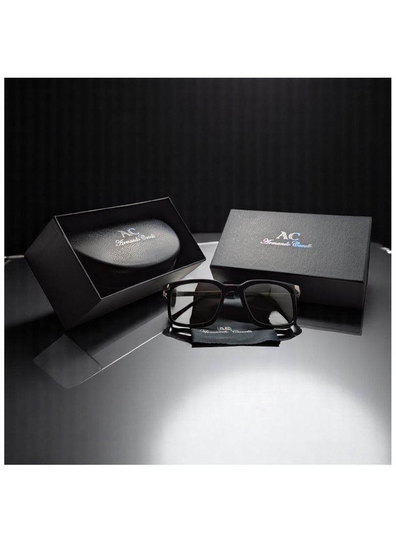 Armando Cavelli - Authentic Armando Cavelli sunglasses, crafted from carefully selected premium acetate for a luxurious look and longevity with extensive use. This model combines modernity and classic style, with a raw black acetate front and silver -plated metal temples to complete your luxury look. Comes with premium polymer lenses offer UV400 protection in a dark green (G15) - Image 1