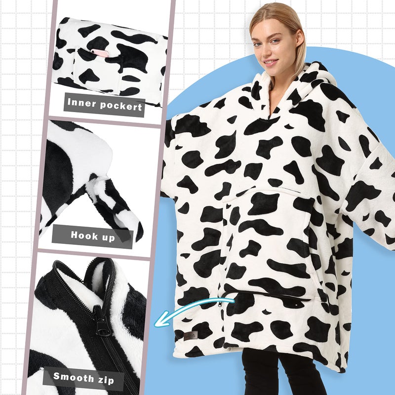 Catalonia هودي بطانية كتالونيا بنقشة البقر oversized، سترة بطانية قابلة للارتداء، سترة سفر ناعمة دافئة مريحة محمولة للبالغين رجال ونساء، هدية لها - Image 3