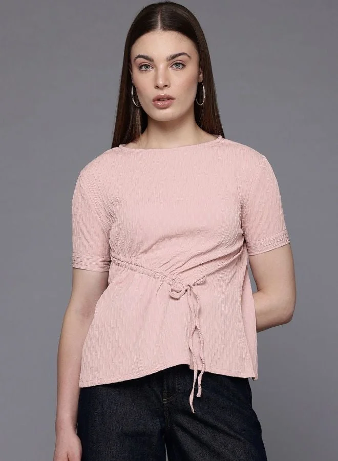 Freehand Women Relaxed Fit Textured Round Neck Sleeveless Ruched Top