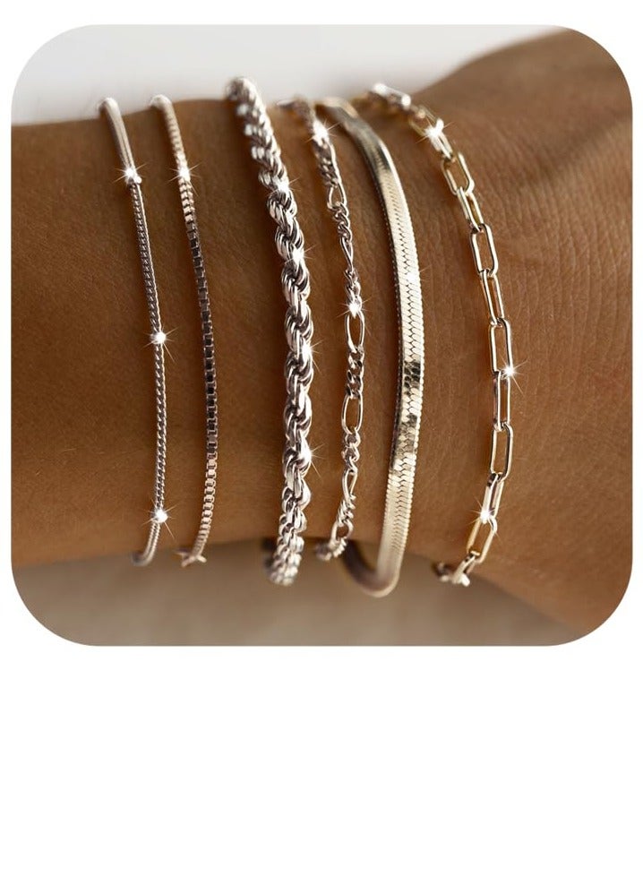 Dainty Silver Bracelets for Women Trendy, 925 Sterling Silver Jewelry Set for Women Bracelets for Women Paperclip Box Herringbone Figaro Rope Chain Bracelet Fashion Pack Gifts for Women Girls - Image 1