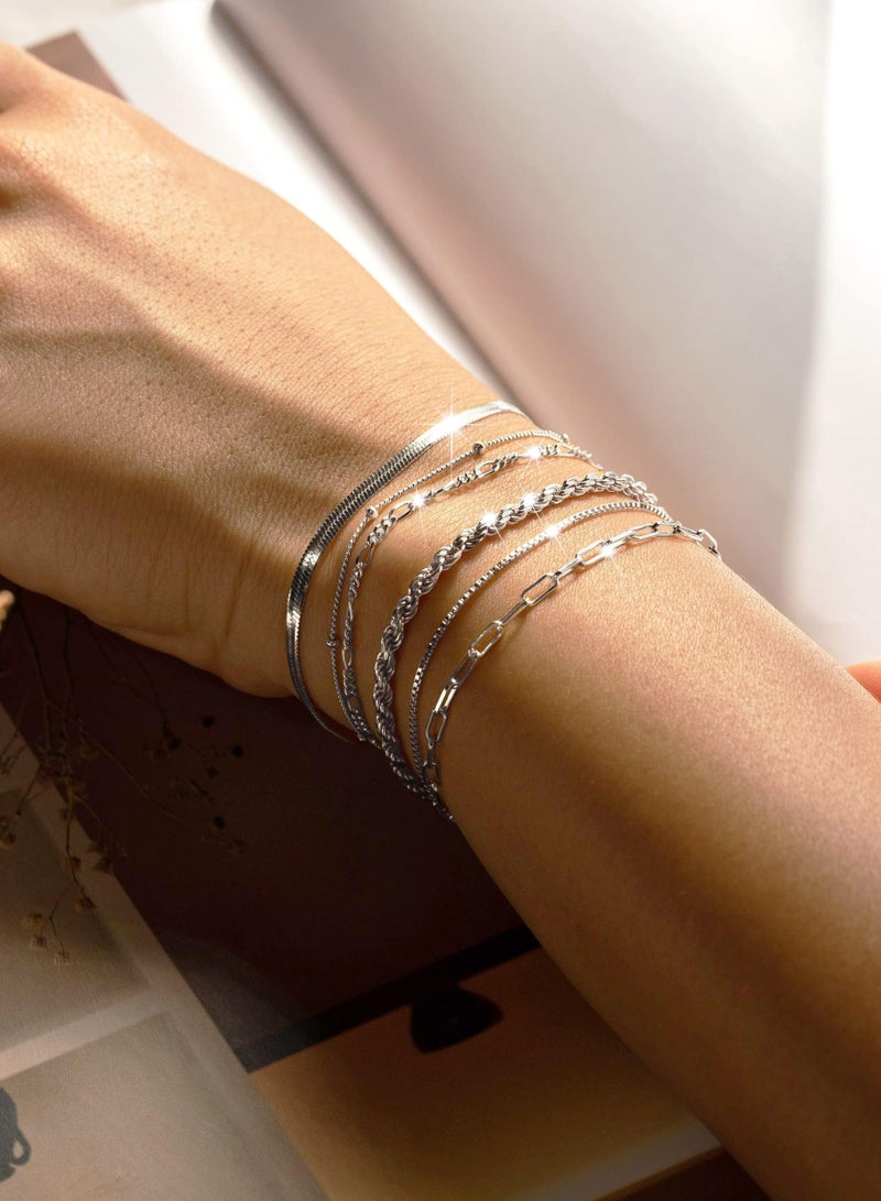 Dainty Silver Bracelets for Women Trendy, 925 Sterling Silver Jewelry Set for Women Bracelets for Women Paperclip Box Herringbone Figaro Rope Chain Bracelet Fashion Pack Gifts for Women Girls - Image 3